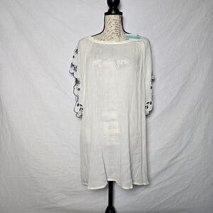 Umgee Boho Floral Embroidered Scalloped Sleeve Dress Tunic - S (Oversized)